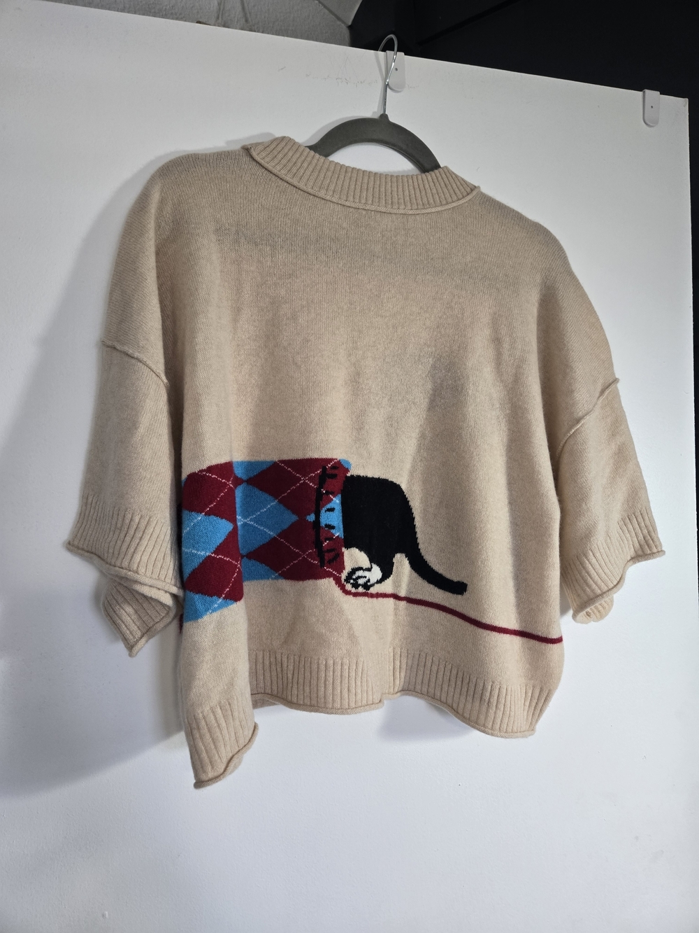 Anthropologie Cashmere Crewneck Sweater with Turquoise & Brown Argyle Dachshund - Picture 5 of 5